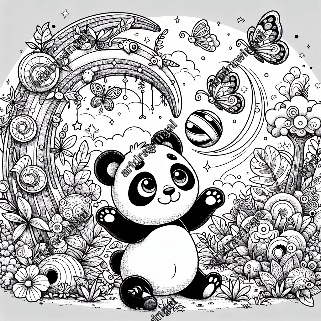 Intricate line drawing of a playful cartoon panda juggling a ball in a magical garden filled with exotic plants, whimsical trees, fluttering butterflies, blooming flowers, and a rainbow. Monochrome design with high contrast for coloring encourages creativity and joy.