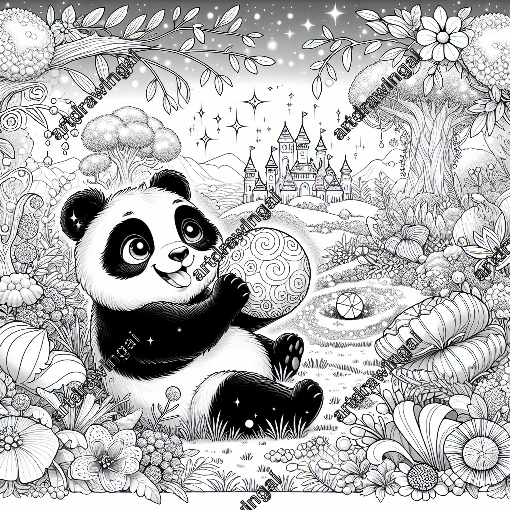 Cartoon-style line drawing of a joyful panda playing with a spherical ball in a magical garden, featuring whimsical trees, unusual flowers, mystical plants, and sparkles of fairy dust, with a charming castle silhouette in the background, designed for coloring with clear lines.