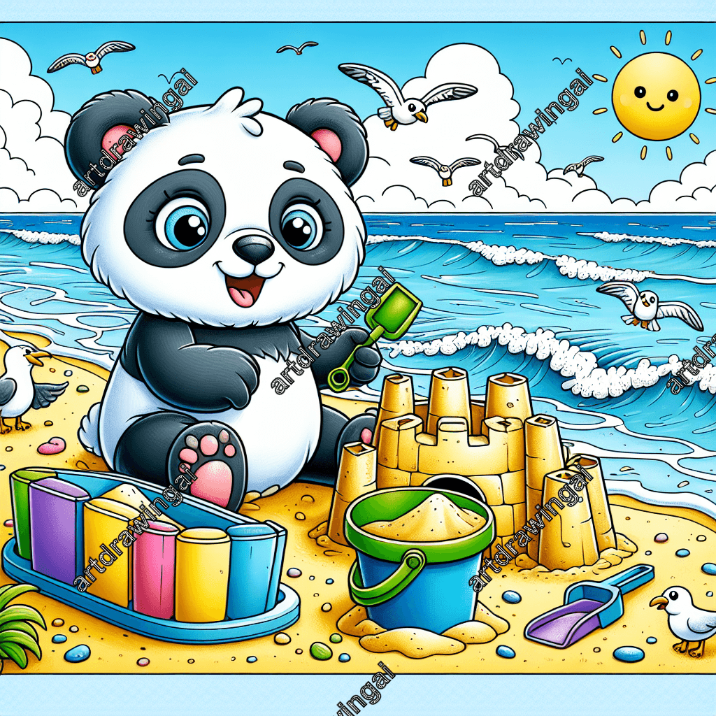 Cartoon-style panda joyfully building a sandcastle at a sunny beach, with a colorful bucket and plastic shovel nearby, surrounded by seagulls and gentle waves, in a detailed line drawing suitable for coloring.