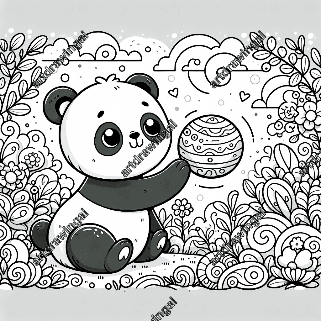 Cartoon-style line drawing of an adorable panda playing with a sphere in a whimsical garden filled with imaginative flowers and animals, perfect for coloring activities.