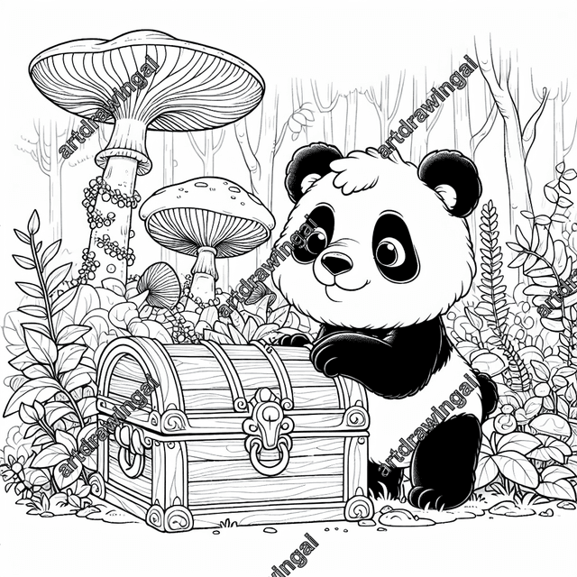 Cartoon-style line drawing of a playful panda exploring an ancient treasure chest in a whimsical forest filled with unusual plants and giant mushrooms, perfect for coloring enthusiasts.