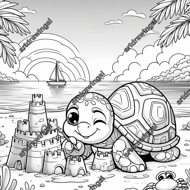 Cheerful cartoon turtle building a sandcastle under the summer sun, with a shimmering sea, sailboats, palm trees, and scuttling crabs in a playful beach scene, perfect for coloring activities.