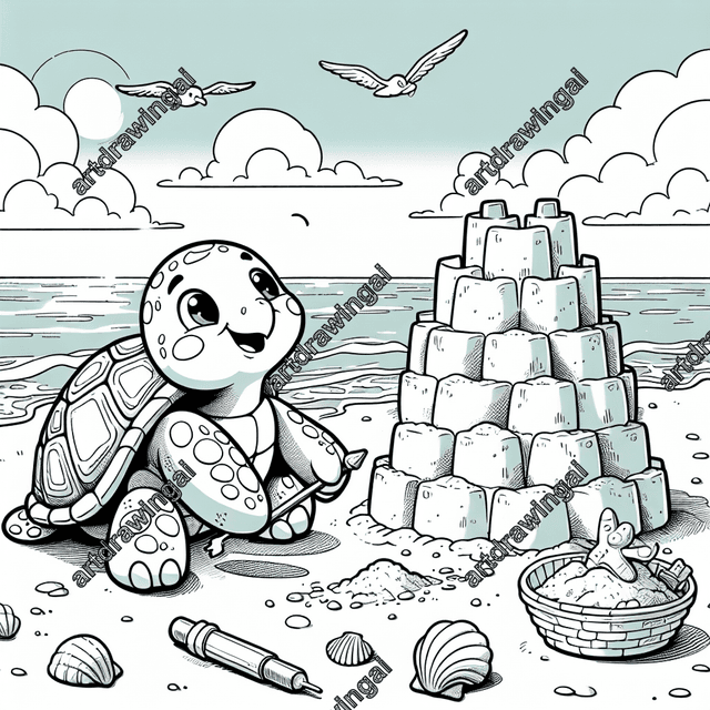 Charming cartoon turtle happily building a sandcastle at the beach, surrounded by seashells, a calm sea, and seagulls. Monochrome illustration with sharp outlines and intricate details for coloring.