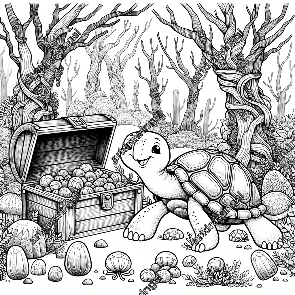 Monochrome line drawing of a cartoon turtle with a charming expression, exploring a half-buried wooden treasure chest in a whimsical forest. Features quirky, sprawling trees and jellybean-shaped flowers on the forest floor, creating a playful fantasy scene perfect for coloring.