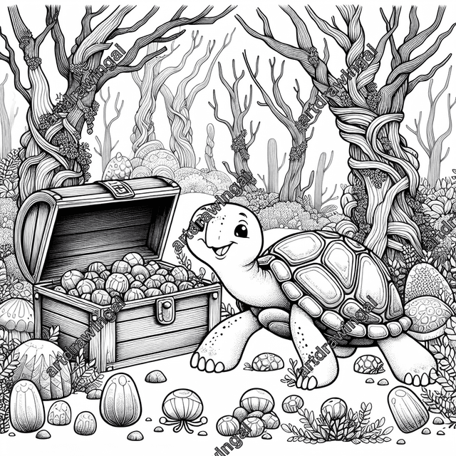 Monochrome line drawing of a cartoon turtle with a charming expression, exploring a half-buried wooden treasure chest in a whimsical forest. Features quirky, sprawling trees and jellybean-shaped flowers on the forest floor, creating a playful fantasy scene perfect for coloring.