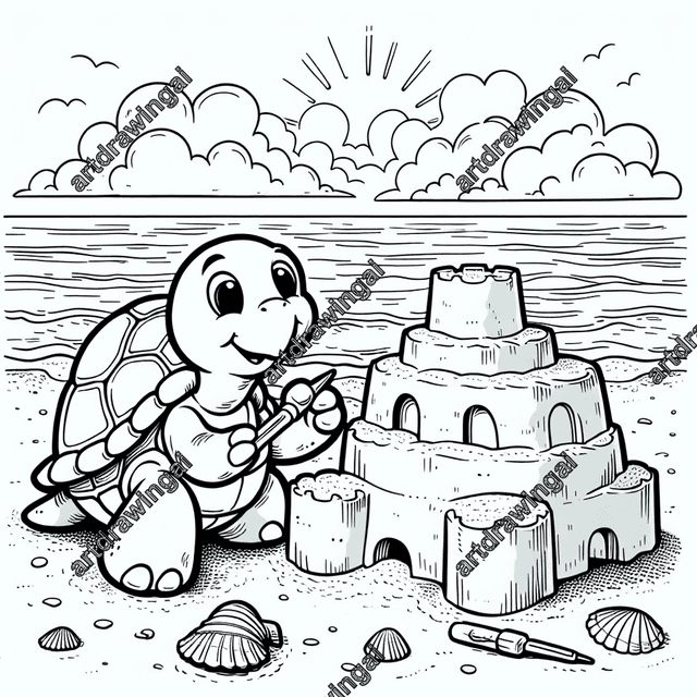 Cartoon turtle building a sandcastle on the beach, detailed line drawing for children's coloring. Fine sand and seashells scattered around, vast ocean in the background, and bright sun shining above. Playful vibe capturing a friendly and diligent character.