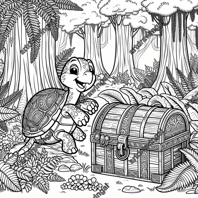 Cartoon-style line drawing of an adorable turtle exploring an old treasure chest surrounded by lush greenery, tall trees, and detailed ferns, perfect for coloring. The whimsical scene showcases the turtle's curiosity and joy.