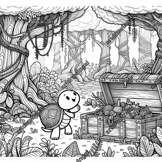 Cartoon turtle curiously exploring a treasure chest in a whimsical forest filled with towering trees, winding vines, and intricate plants; perfect for coloring, capturing a lighthearted and adventurous spirit.