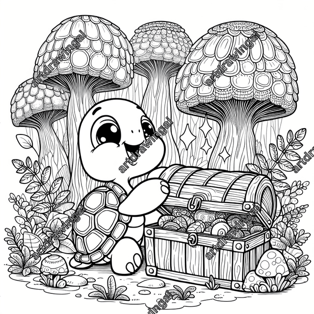 Joyful green turtle exploring a whimsical forest, curiously examining an old treasure chest surrounded by uniquely shaped trees and intricate plants, designed as a coloring page.