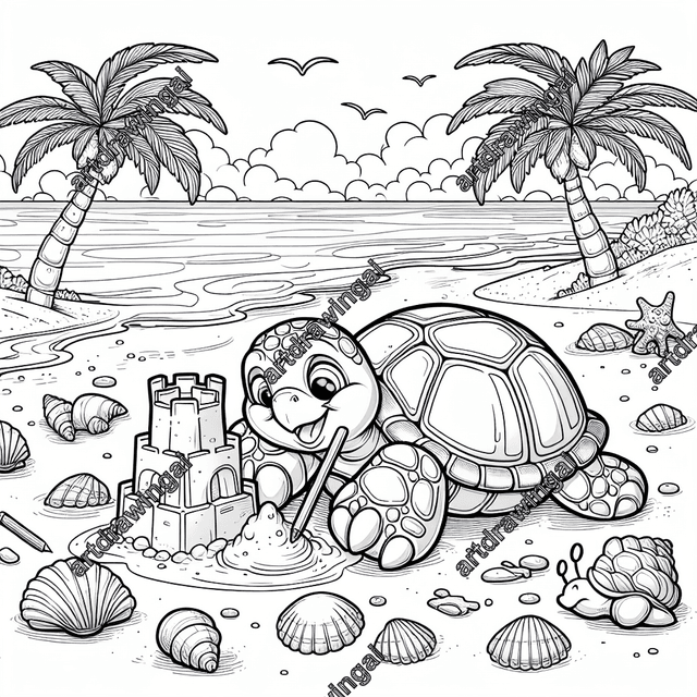 Charming cartoon turtle building a sandcastle on a beach with ocean, seashells, palm tree, and playful crabs; detailed linear drawing perfect for coloring.