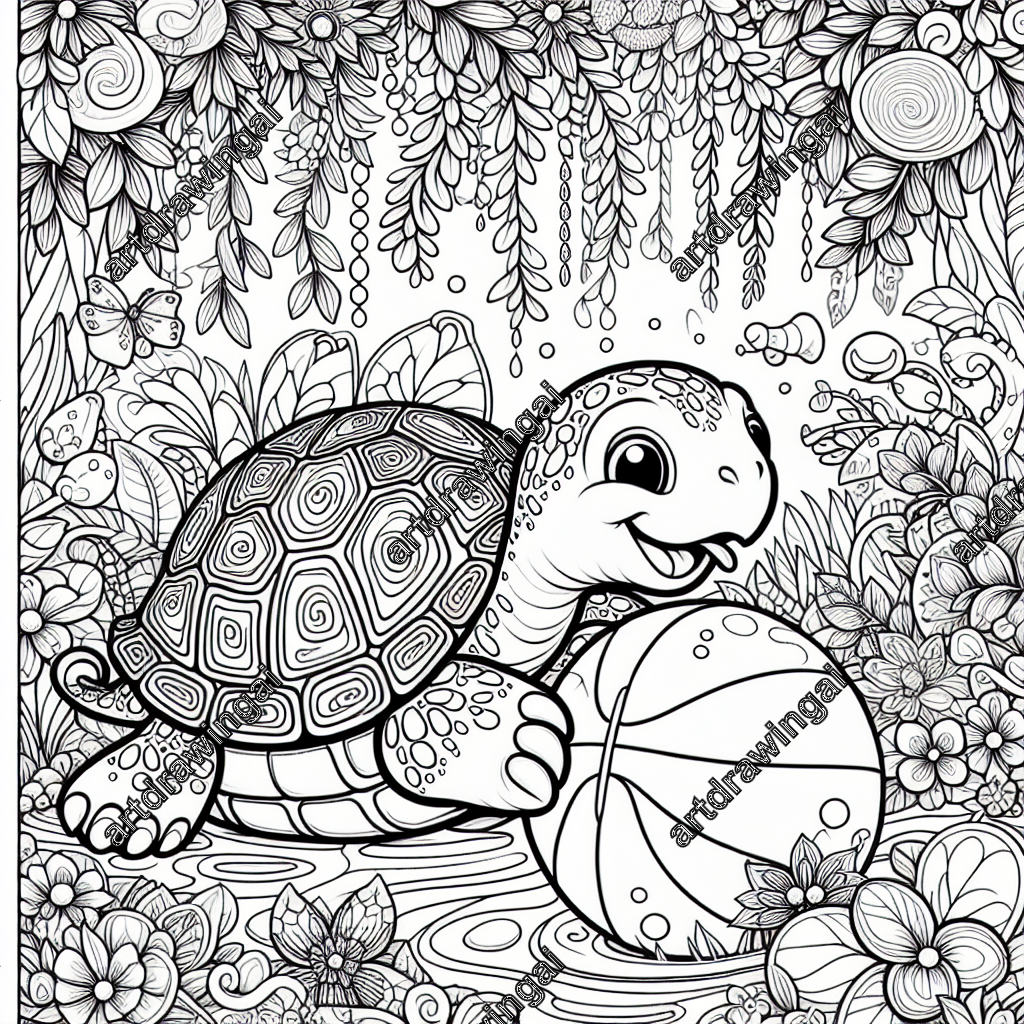 Cartoon-style turtle joyfully playing with a ball in a whimsical garden filled with enchanting flora, perfect for coloring activities and inspired by traditional children's literature.