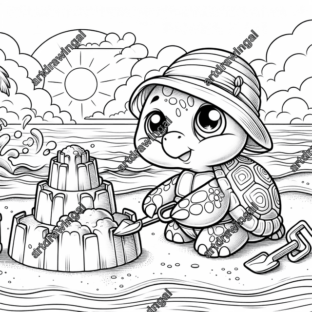 Cute turtle building a sand castle at the beach, wearing a sun hat and using a small shovel, with waves and a setting sun in the background, line drawing for coloring.