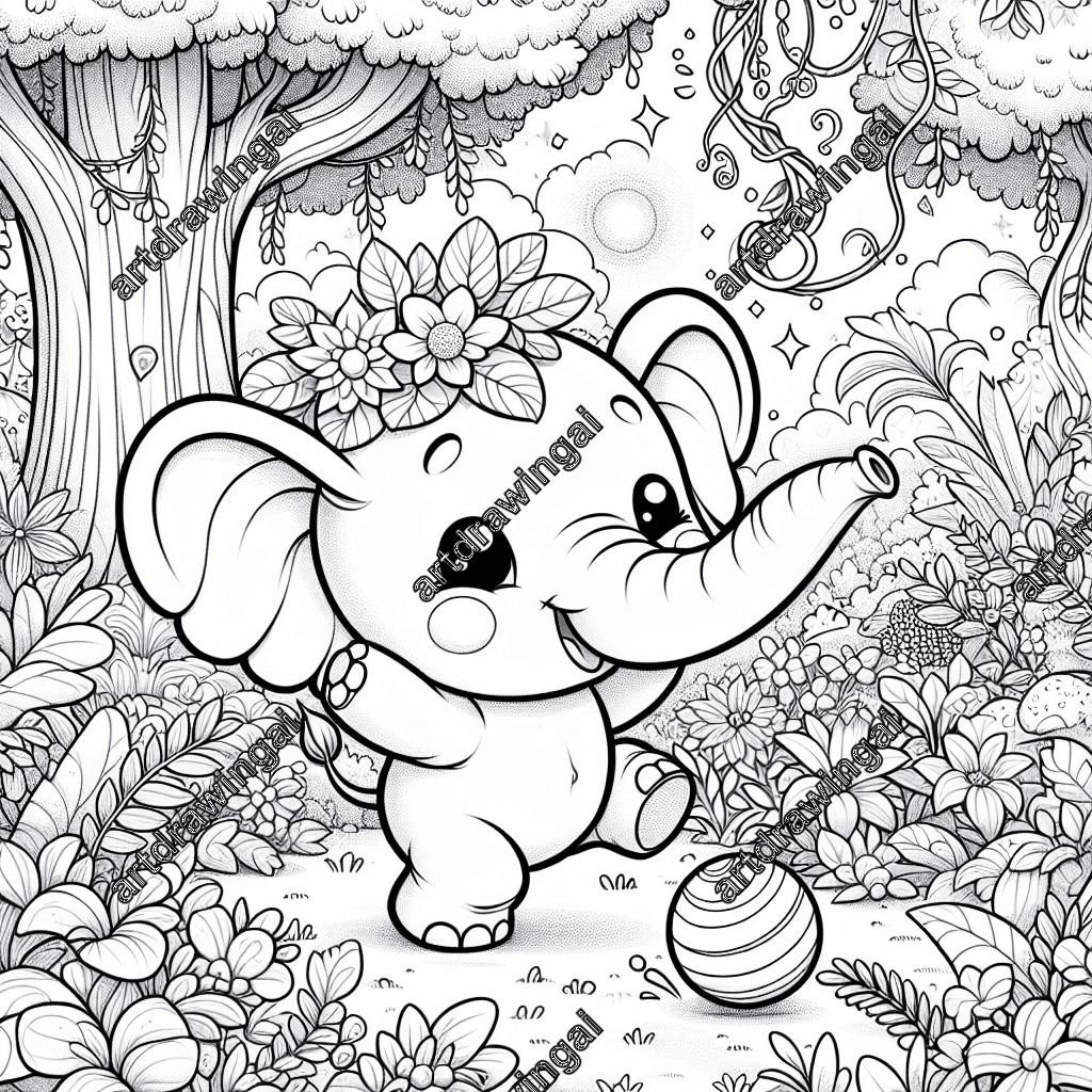 Cute cartoon elephant playing with a ball in a mystical garden, surrounded by lush flowering plants, towering trees, shimmering sparks, and twisty vines, detailed line art suitable for coloring.