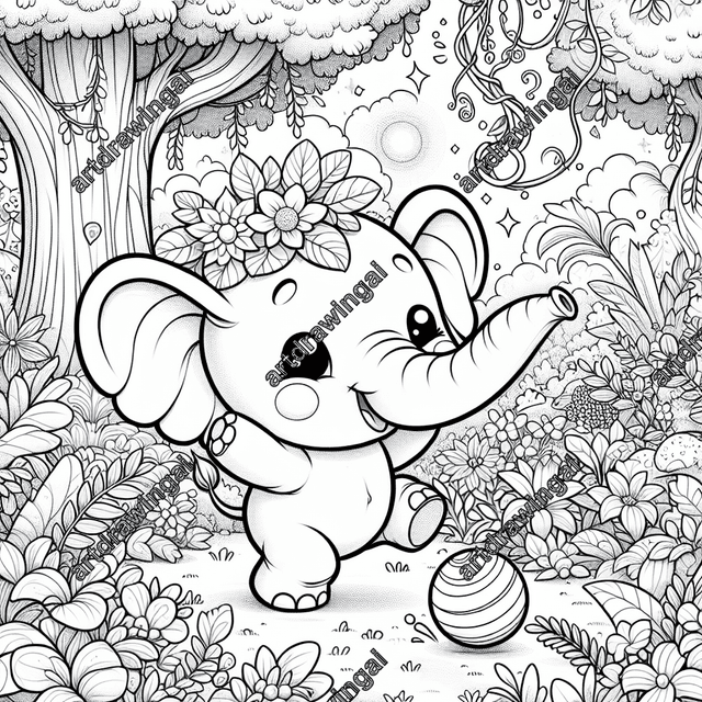 Cute cartoon elephant playing with a ball in a mystical garden, surrounded by lush flowering plants, towering trees, shimmering sparks, and twisty vines, detailed line art suitable for coloring.