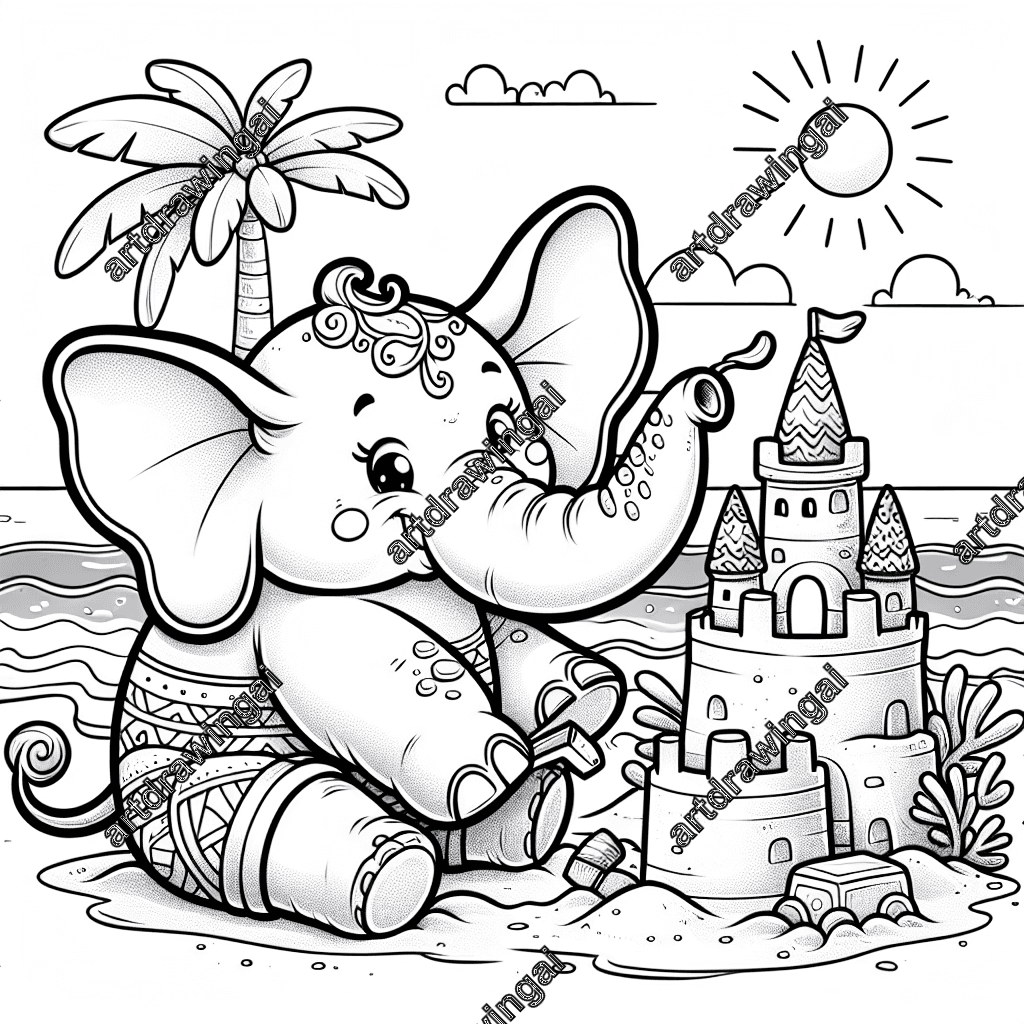 Cute cartoon elephant building a detailed sandcastle at the beach, surrounded by gentle sea waves, bright sun, palm tree, and sandy beach elements, perfect for coloring activities.