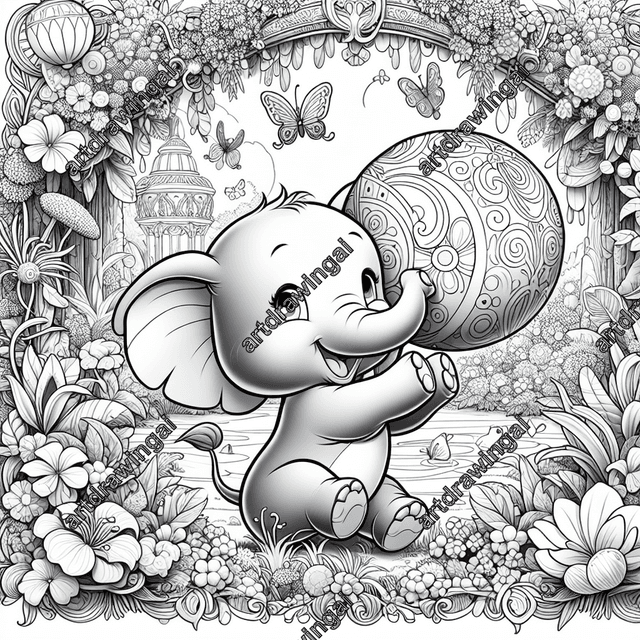 Adorable elephant playing with a bouncy ball in a whimsical garden filled with exotic plants, blooming flowers, and fluttering butterflies, designed for coloring activities.