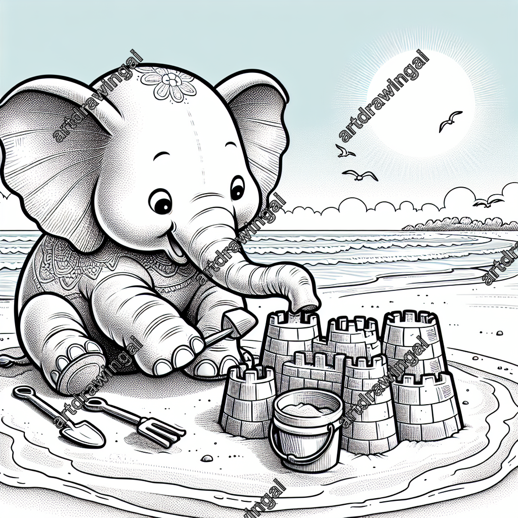 Cartoon-style drawing of a cute elephant building a sandcastle on the beach, using its trunk for details. Includes pail and shovel nearby, with waves, sand, seagulls, and a bright sun in the background. Ideal for coloring, featuring clear outlines and negative space.