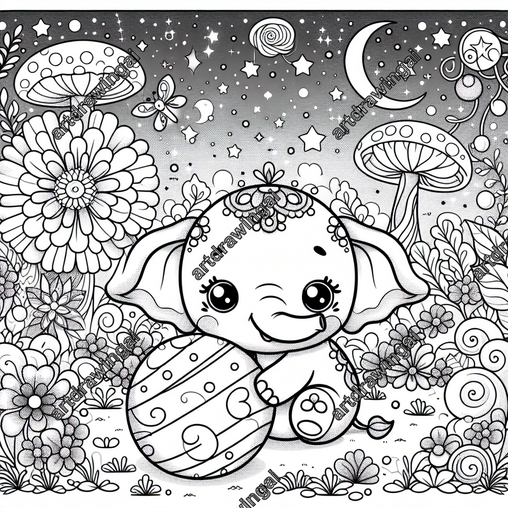 Cartoon-style elephant playing with a ball in a magical garden, featuring whimsical flowers, mushroom circles, and glowing fireflies; intricate line drawing perfect for coloring.