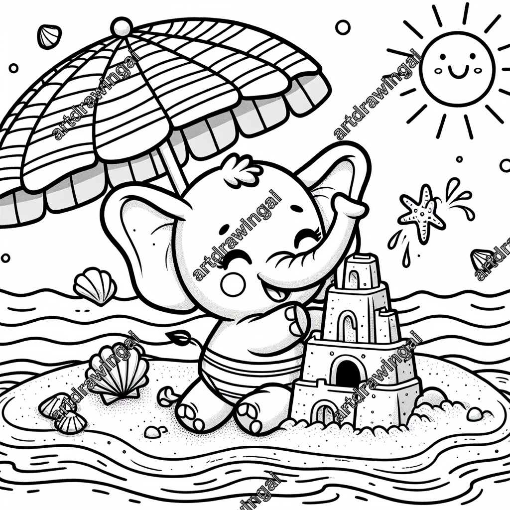 Cartoon-style adorable elephant building a sandcastle on a sunny beach, surrounded by seashells, starfish, and gentle ocean waves, with a stripey beach umbrella for shade, all in a detailed line drawing style ideal for coloring.