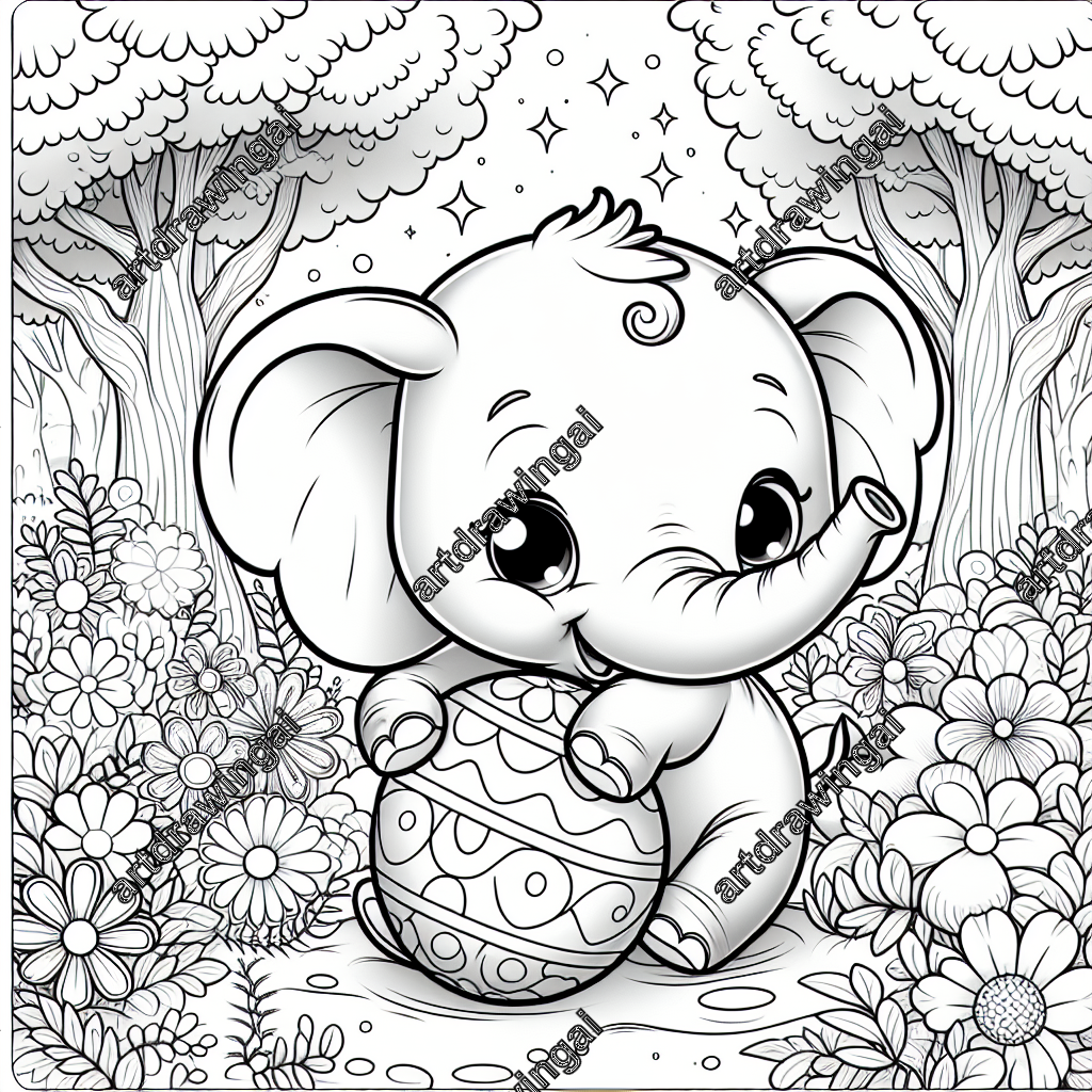 Cartoon-style elephant playing with a large ball in a magical garden filled with whimsical flowers and majestic trees, featuring soft curvy lines and sparkling details for a charming and cute coloring page.