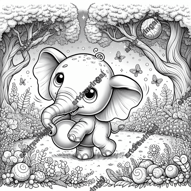 Cartoon-style elephant balancing a ball in a magical garden with flowering bushes, ancient gnarled trees, butterflies, and glowing fireflies, designed as a detailed line drawing for coloring activities.