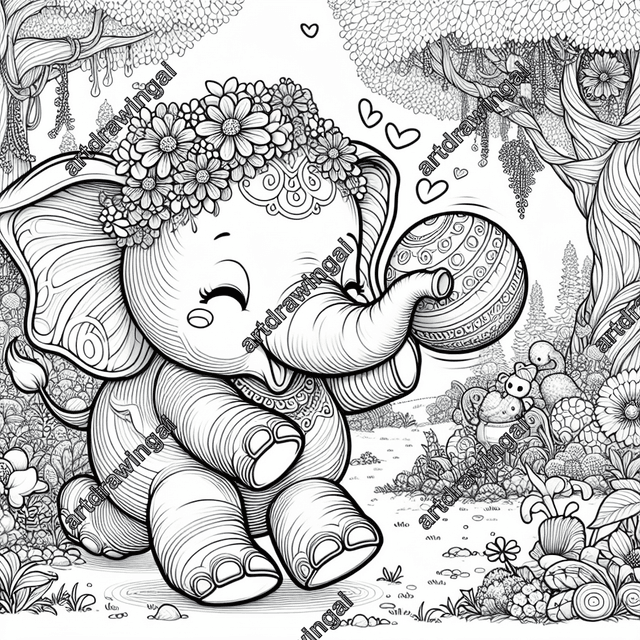 Delightful cartoon-style elephant playing with a colorful ball in an enchanted garden filled with blooming flowers, towering trees, and whimsical plants, designed as a simple line illustration for coloring.