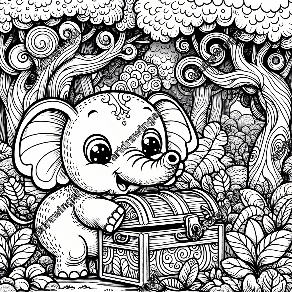 Cute cartoon elephant with big eyes and curly trunk opening an antique treasure chest in a whimsical forest filled with tall, twisting trees and small woodland animals, perfect for coloring.