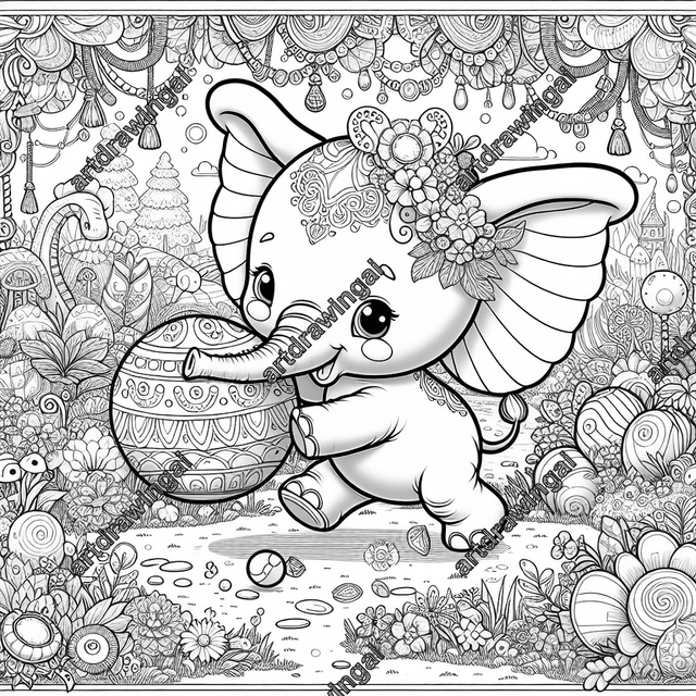 Detailed line drawing of a playful cartoon-style elephant joyfully interacting with a colorful ball in a magical garden, featuring whimsical flowers, trees, and paths, designed as a coloring book page for personal coloring.