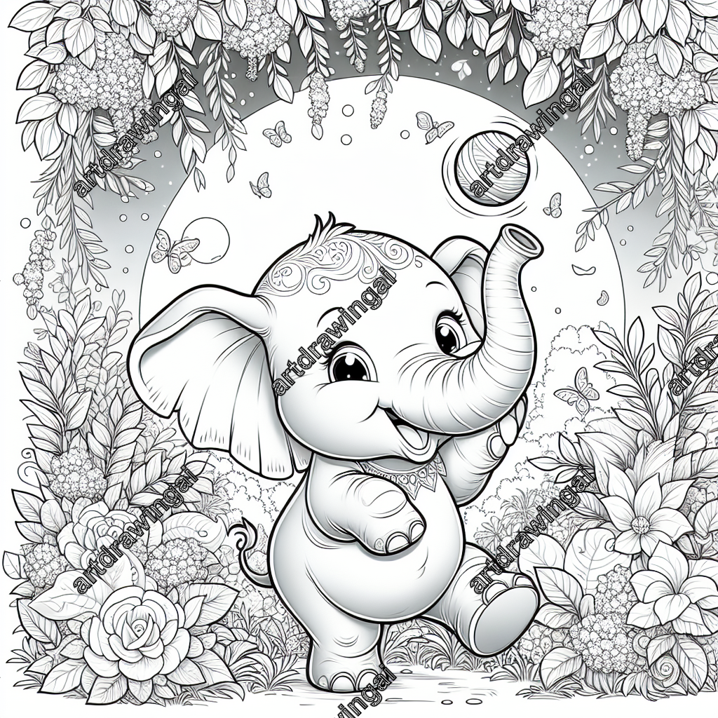 Lovable cartoon elephant playing with a ball in an enchanted garden filled with lush plants and blooming mystical flowers, designed for coloring with clear line drawings and ample spaces.