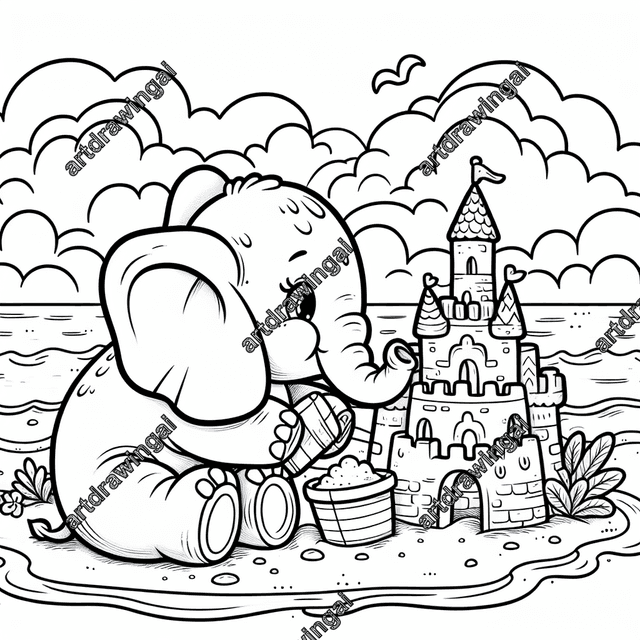 Cartoon-style elephant joyfully building a sandcastle at the beach, surrounded by ocean and sky elements. Whimsical line drawing suitable for coloring, capturing a vibrant summer scene filled with charm and playfulness.