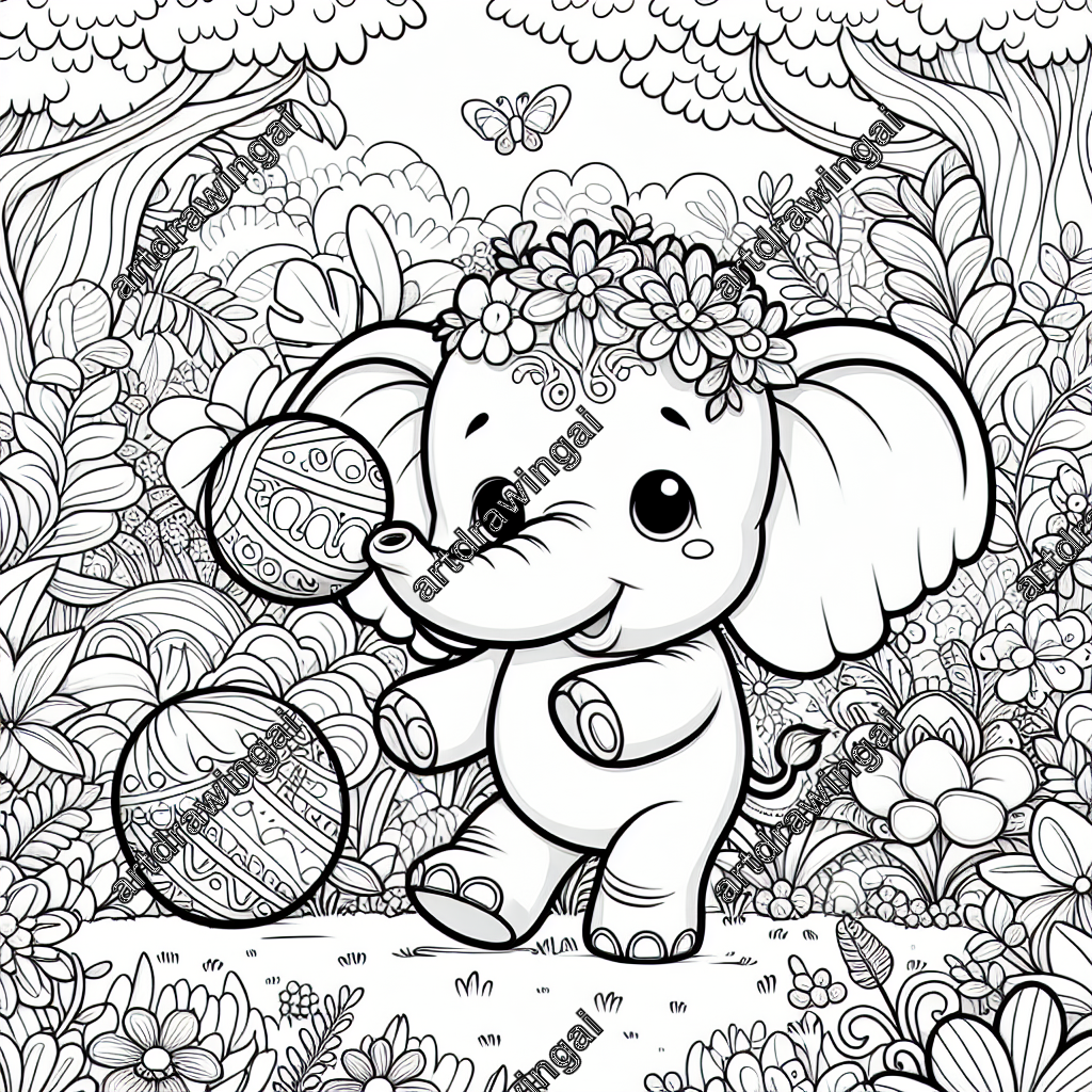 Charming cartoon-style line drawing of a cute elephant joyfully playing with a ball in a whimsical garden filled with exotic plants, blooming flowers, and fanciful trees, designed for coloring with clear outlines.