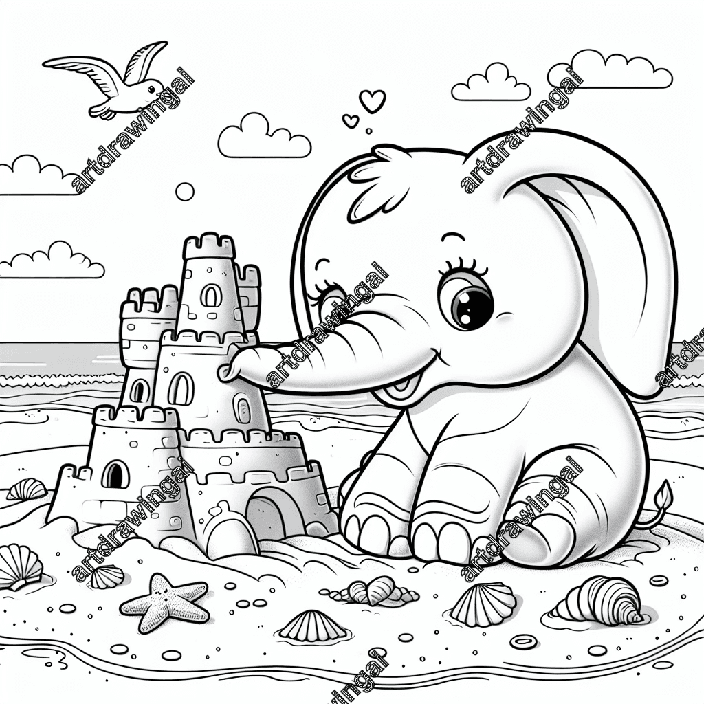 Whimsical line drawing of a cute elephant building a sandcastle on a beach, featuring expressive eyes and a curved trunk, surrounded by shells and sea stars, with waves in the background and a seagull in a clear sky. Perfect for coloring activities.