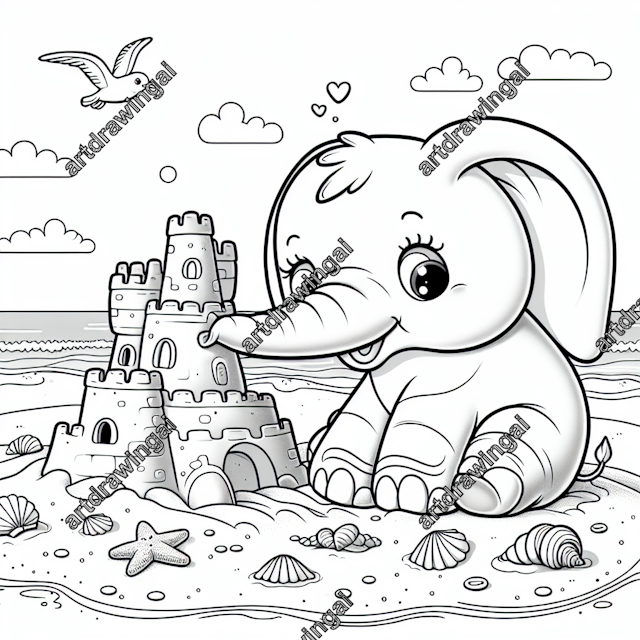 Whimsical line drawing of a cute elephant building a sandcastle on a beach, featuring expressive eyes and a curved trunk, surrounded by shells and sea stars, with waves in the background and a seagull in a clear sky. Perfect for coloring activities.