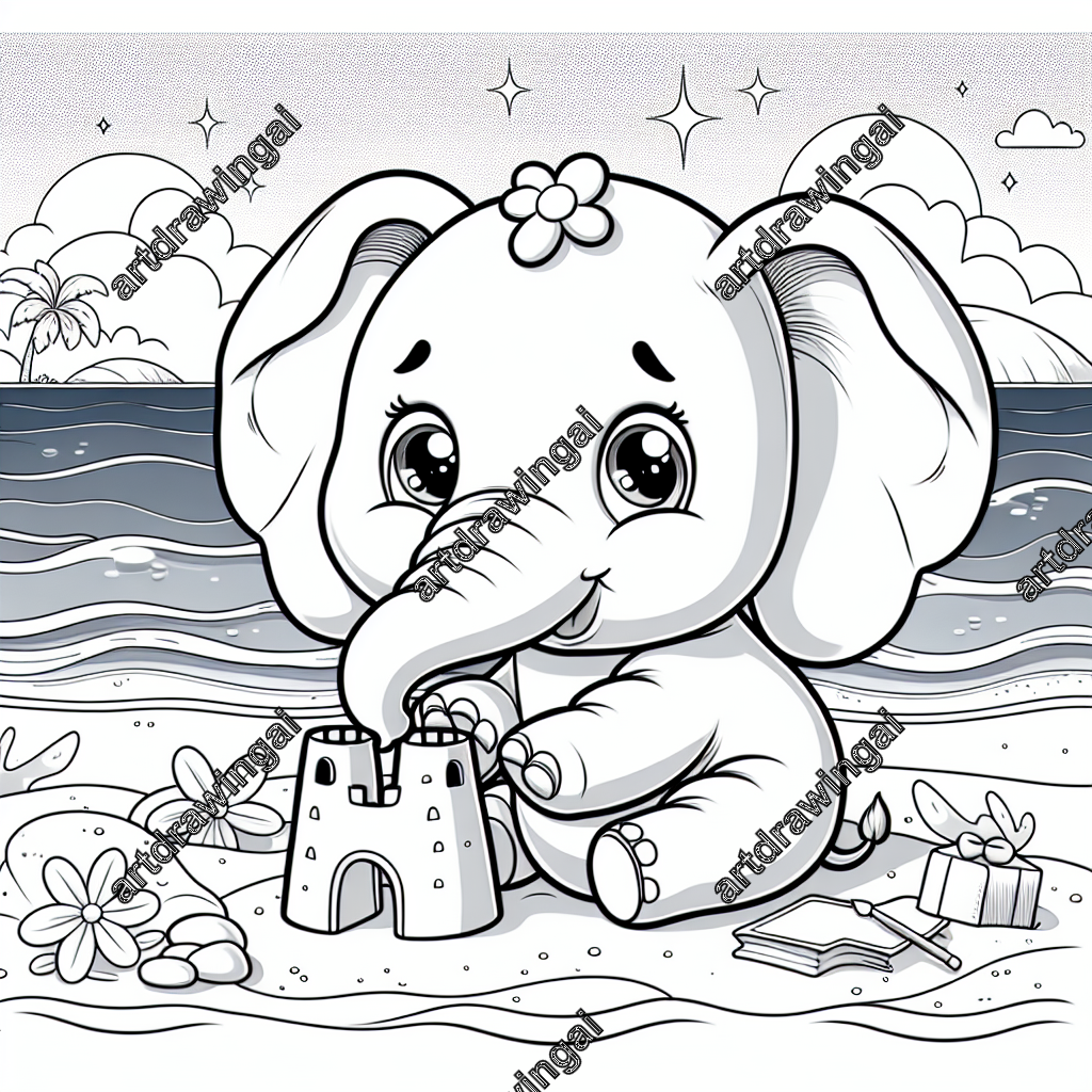 Cartoon-style elephant joyfully building a sandcastle on a beach, surrounded by gentle sea waves and sparkling sand, detailed line art for coloring activities.