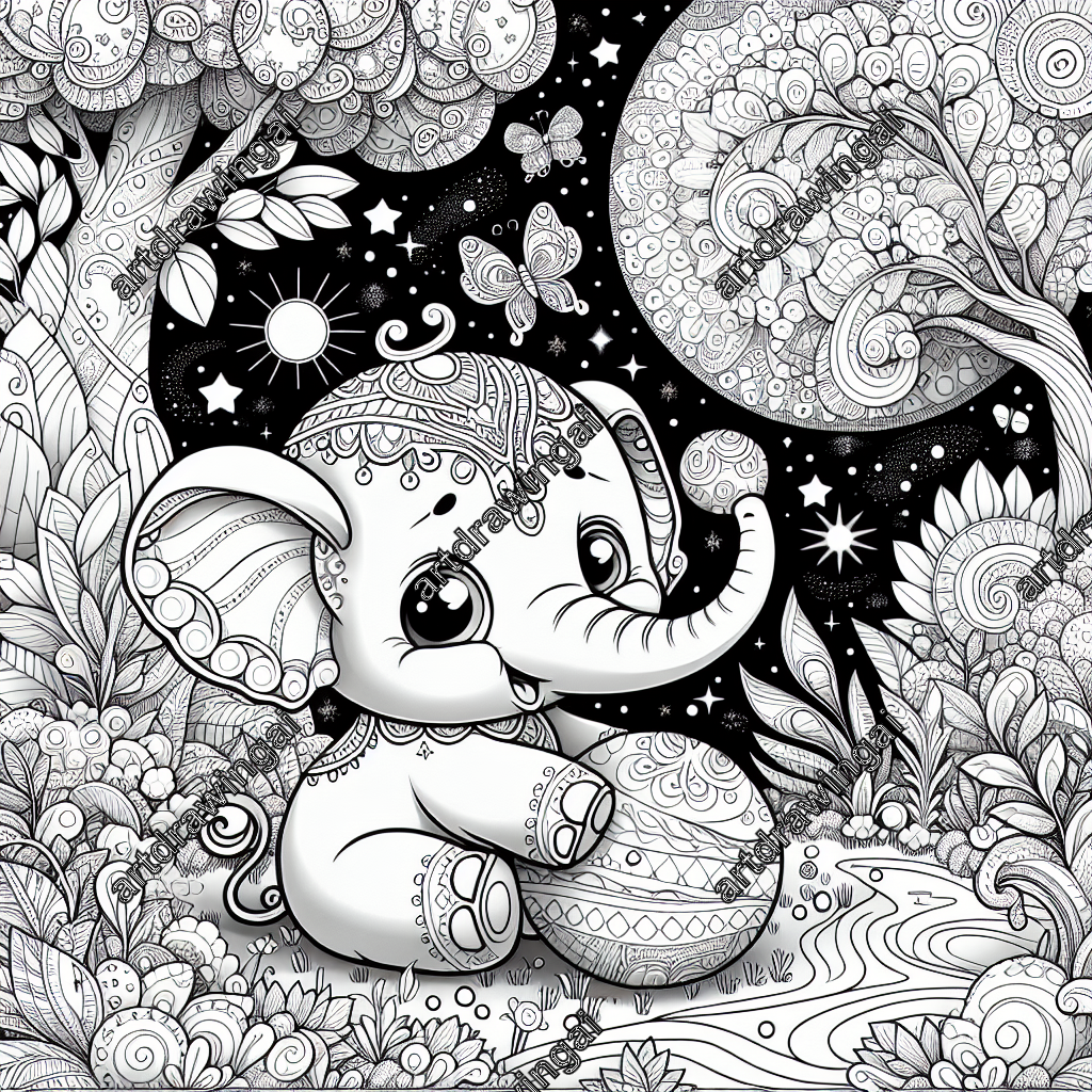 Intricate line drawing of an adorable cartoon elephant playing with a ball in a mystical garden filled with exotic plants, whimsical trees, and rivers, accented by glowing fireflies and fluttering butterflies, designed for coloring activities.