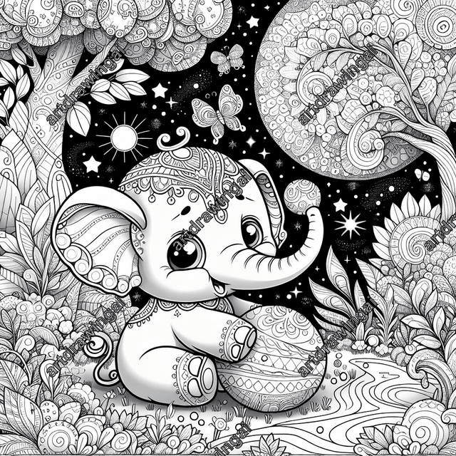 Intricate line drawing of an adorable cartoon elephant playing with a ball in a mystical garden filled with exotic plants, whimsical trees, and rivers, accented by glowing fireflies and fluttering butterflies, designed for coloring activities.