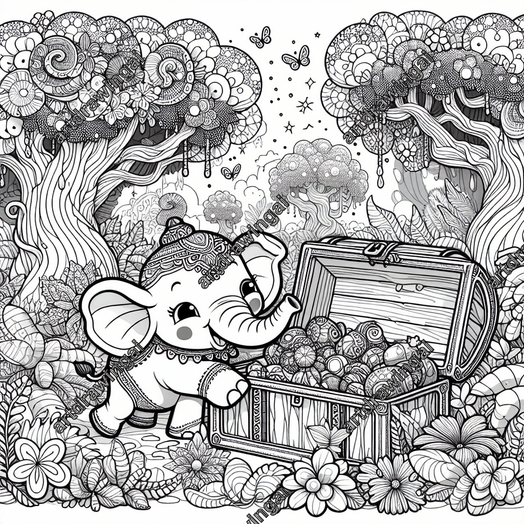 Cartoon-style elephant exploring a treasure chest in a whimsical forest, surrounded by unique flowers and towering trees, intricate line drawing for coloring.