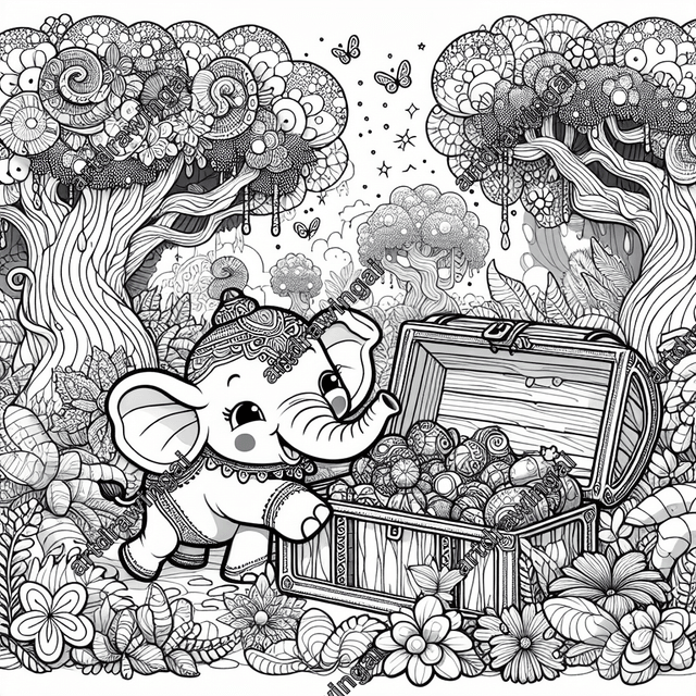 Cartoon-style elephant exploring a treasure chest in a whimsical forest, surrounded by unique flowers and towering trees, intricate line drawing for coloring.