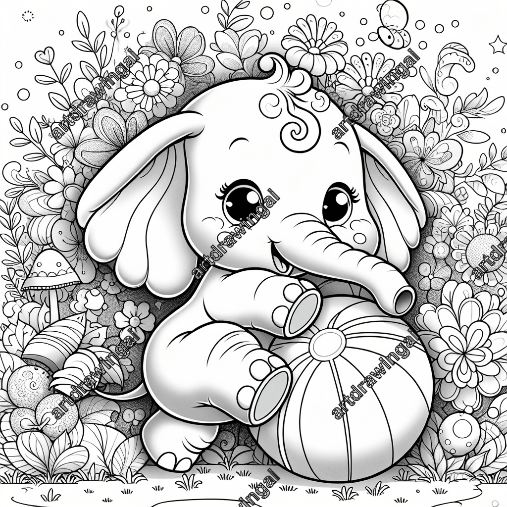 Cute cartoon elephant playing joyfully with a colorful ball in a magical garden, surrounded by whimsical flowers, bushes, tall trees, sparkling fairies, and glowing orbs of light. Perfect for a relaxing coloring activity.