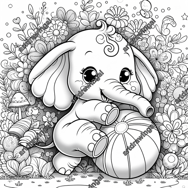 Cute cartoon elephant playing joyfully with a colorful ball in a magical garden, surrounded by whimsical flowers, bushes, tall trees, sparkling fairies, and glowing orbs of light. Perfect for a relaxing coloring activity.