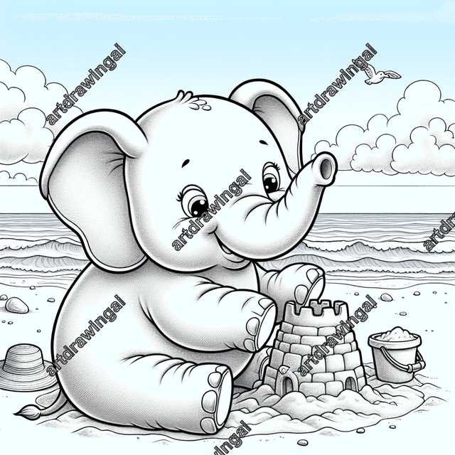 Whimsical cartoon-style elephant building a sand castle on a sunny beach, surrounded by tranquil sea, fluffy clouds, and seagulls, featuring detailed line art for coloring activities.