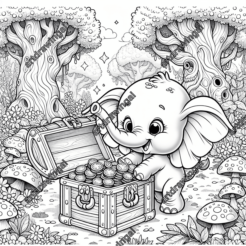 Cute cartoon elephant exploring treasure chest in whimsical forest, featuring oversized mushrooms and star-shaped flowers, detailed line drawing for coloring.