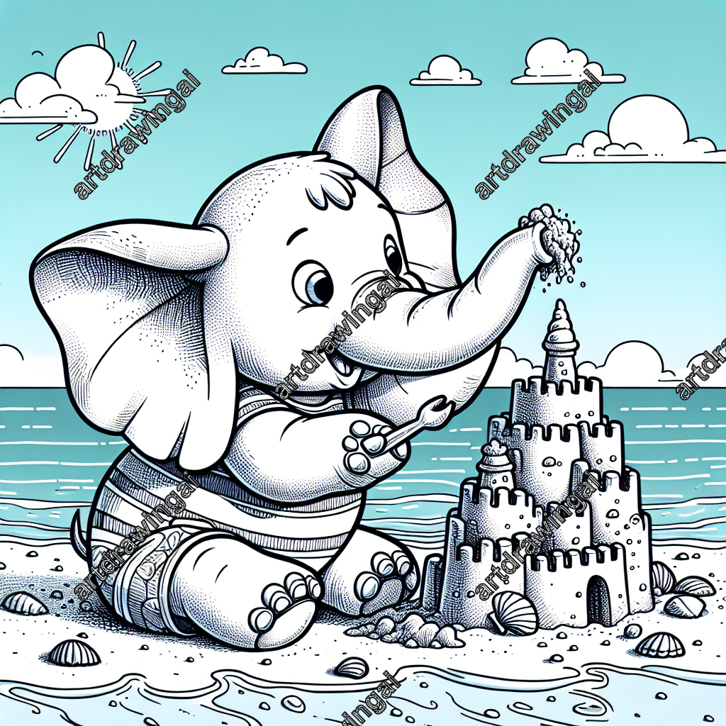 Cartoon-style elephant building a sandcastle on a sunny beach, with large ears, a long trunk, and seashell decorations; perfect for a coloring page.