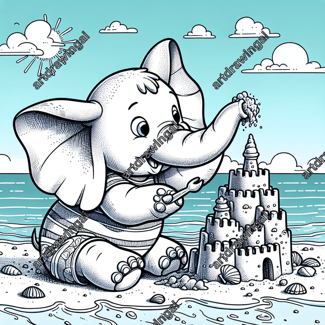 Cartoon-style elephant building a sandcastle on a sunny beach, with large ears, a long trunk, and seashell decorations; perfect for a coloring page.