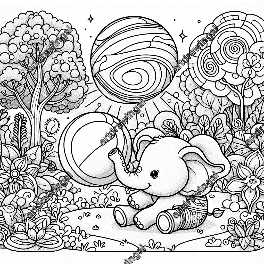 Playful cartoon-style elephant interacting with a ball in a magical garden, featuring mythical trees and flowers under warm refracted sunlight; designed for coloring with clean lines and inviting charm.