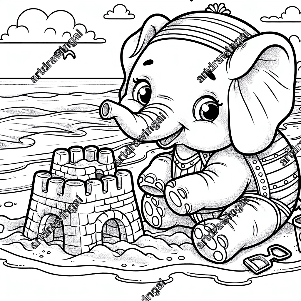 Playful elephant building a sandcastle on a beach in a detailed cartoon line drawing, with a bucket and spade nearby and gentle sea waves meeting the horizon. Ideal for coloring.