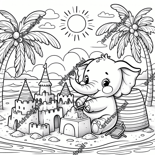 Cartoon-style illustration of a playful elephant building a sandcastle on a sunny beach, surrounded by palm trees and ocean waves; detailed line drawing ideal for coloring.