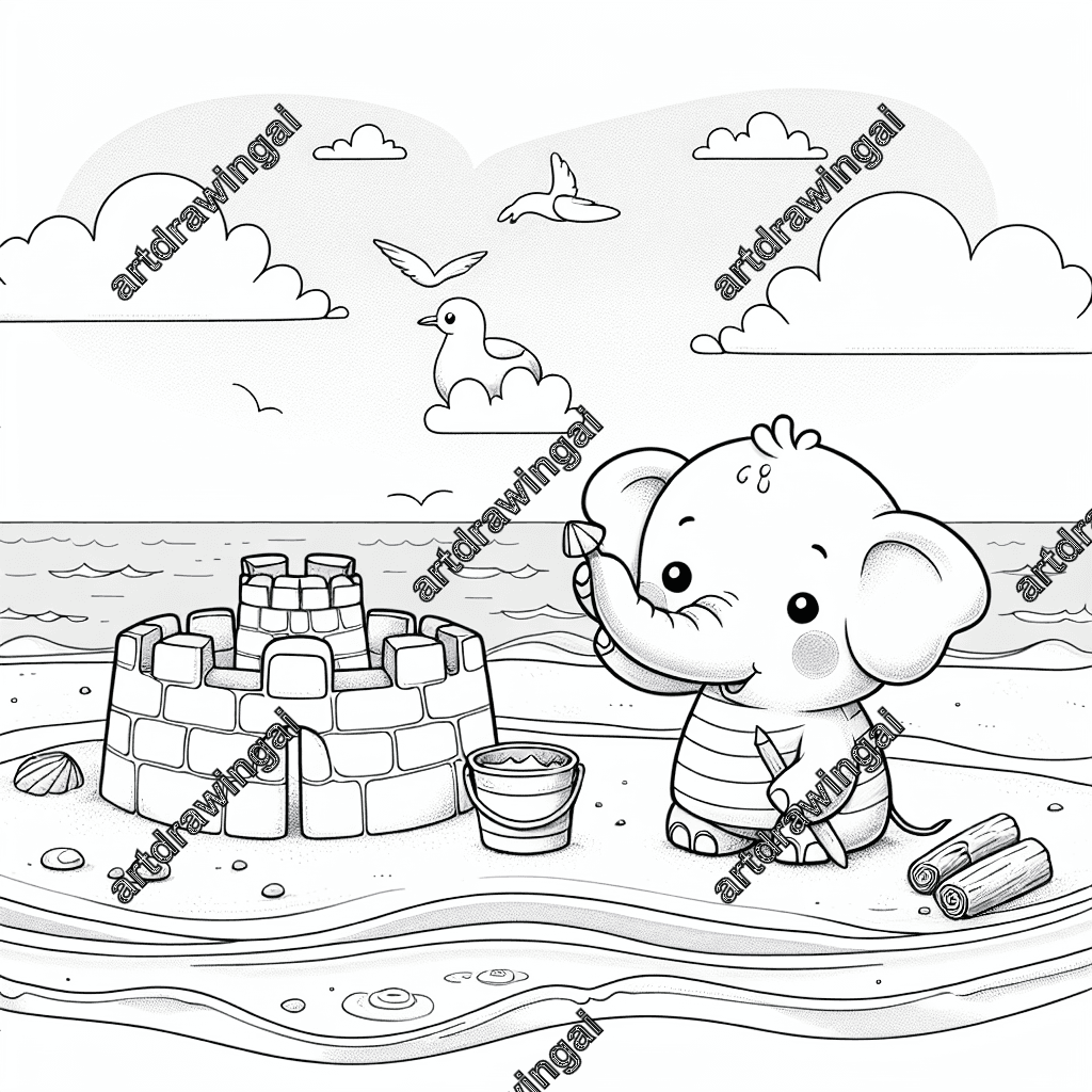 Cartoon-style elephant building a sandcastle on a sandy beach with calm sea waves, fluffy clouds in the sky, and a seagull on driftwood, line drawing, coloring book style.