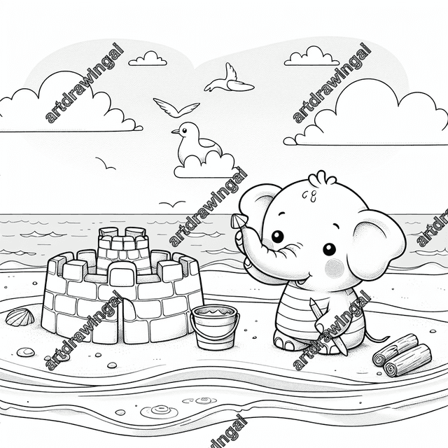 Cartoon-style elephant building a sandcastle on a sandy beach with calm sea waves, fluffy clouds in the sky, and a seagull on driftwood, line drawing, coloring book style.