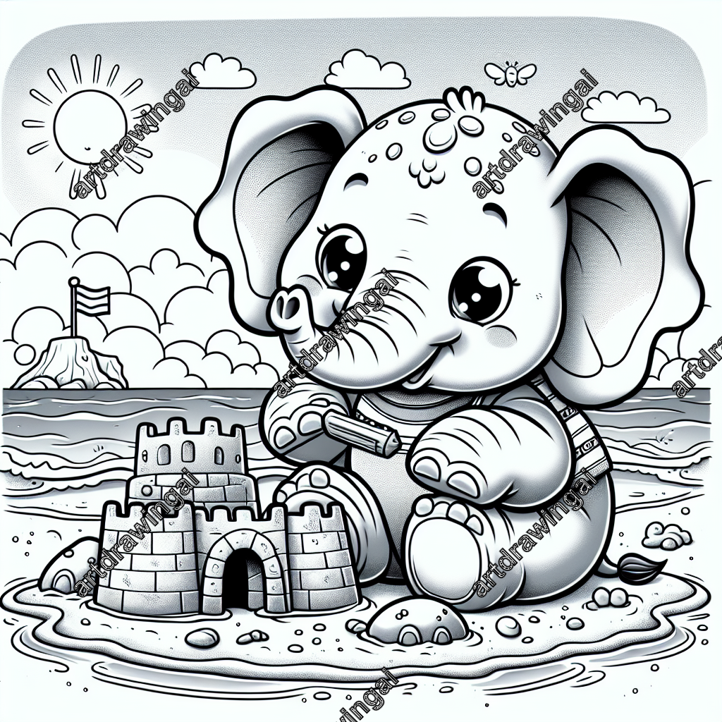 Playful cartoon illustration of an energetic baby elephant building a sandcastle at the beach, with large ears, tiny tusks, and a look of determination. The scene features a bright blue sea and shining sun, showcasing intricate sandcastle details like turrets, a drawbridge, and a flag. Perfect for coloring fun.